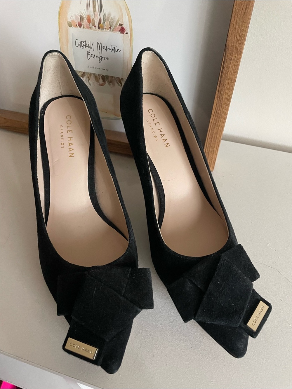 Cole Haan Black Suede Pointed-Toe Pumps with Bow Accent
